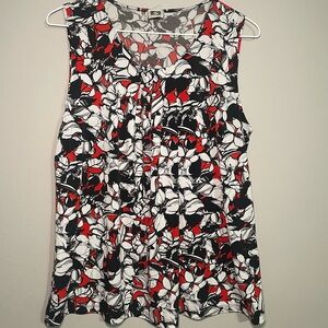Anne Klein Red, Black, and White Floral Sleeveless Blouse XL EUC